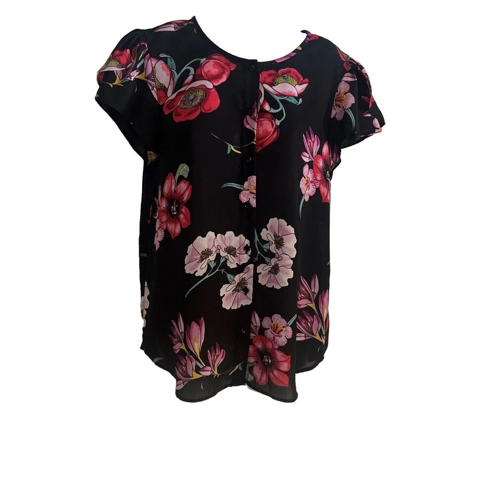 Ann Taylor Factory Petite Floral Career Office Blouse MP Button Up Cottagecore